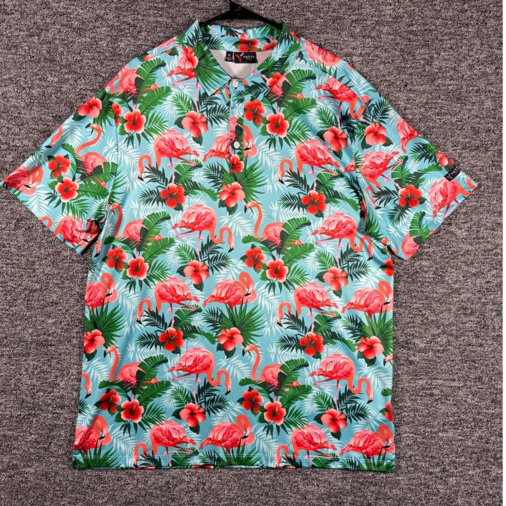 Yatta Golf‎ Mens XL Polo Shirt Blue Pink Flamingo Hibiscus Tropical Performance